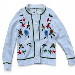 Vintage Granny Floral Embroidered Cardigan White‎ Multicolor – fits M/L